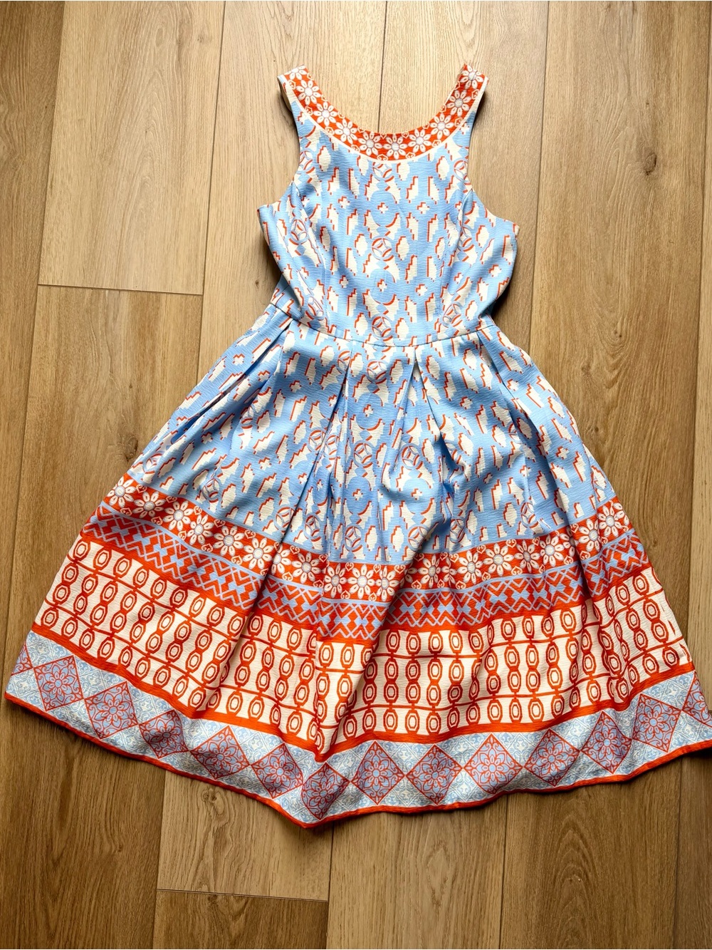 NWOT Champagne & Strawberry Blue & Orange Geometric Fit & Flare Midi Dress S